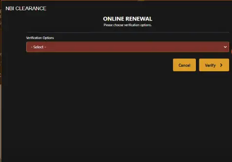 IT contains a verification document section and a verify button. the applicant needs to select a specific and then the verify button to prove their correct identity. 