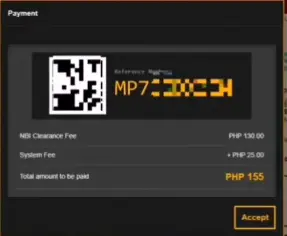 It includes the reference number for the fee payment. It also includes the total calculated amount along with the service charges for getting the NBI id. 
It also contains an Accept button. 