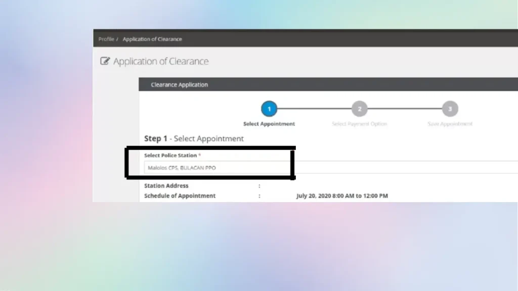 Its contains the option for the selection of the police station. selection of one of the police station from the given list is must for the schedule of the online appointment at a specific police station for the PNP clearance in the Philippine. 
The applicant will need to search the name of the preferred police station by clicking the search section. 
The search section is highlighted in this image so that the applicant clearly understand where to click and find its preferred police station name. 
