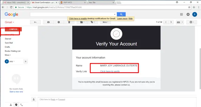 This image contains a verification message send from the PNP website to the provided email address by the applicant. 
The message contains the name of the applicant and a verification link. The text in green color which is Click here to verify contains the link. The applicant will click it to complete the verification process. 
For the comfort of the applicants, the text containing link is highlighted in this image. So, that the applicant clearly understand it and proceed further for the PNP ONLINE APPLICATION PROCESS. 