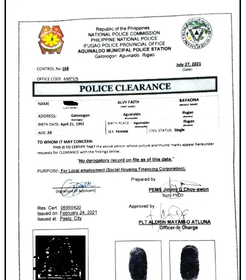 It shows a sample of police clearance certificate. It shows that how a police clearance certificate  in the Philippines actually looks like.