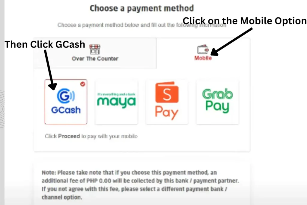 This image contains two payment options, over the counter and mobile. The mobile is arrowed and clicked in the picture. When the mobile option is clicked, more options appear as a result. Here our concern is only with the GCash. Which is clicked and highlighted for the convenience of user. So that they can correctly pay the police clearance fee through GCash. 