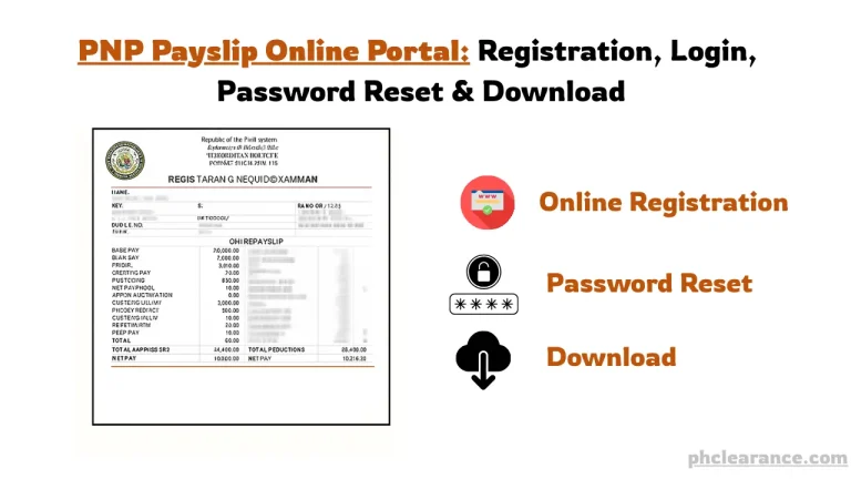 Featured image for article 'PNP Payslip Online Portal: Registration, Login, Password Reset & Download (2025)'. It is showing a sample of PNP payslip at the center, with icons for online payslip registration, password reset, and how to download a PNP payslip. The title of this article is written at the top of the article.