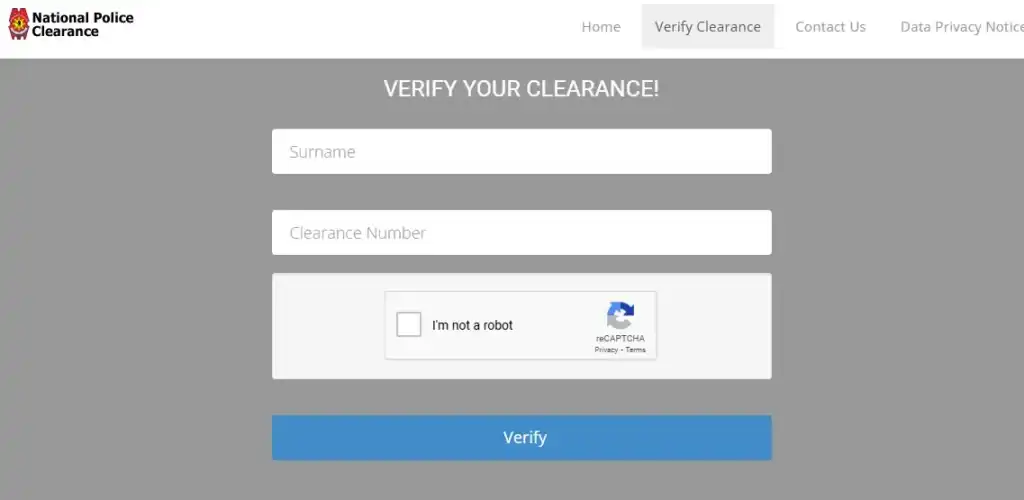 It contains sections to complete the verification process. the sections are Surname and Clearance Number. It also contains a Verify button. when a applicant provide their surname and clearance certificate number and then click the verify button, all the details will be displayed on the screen.