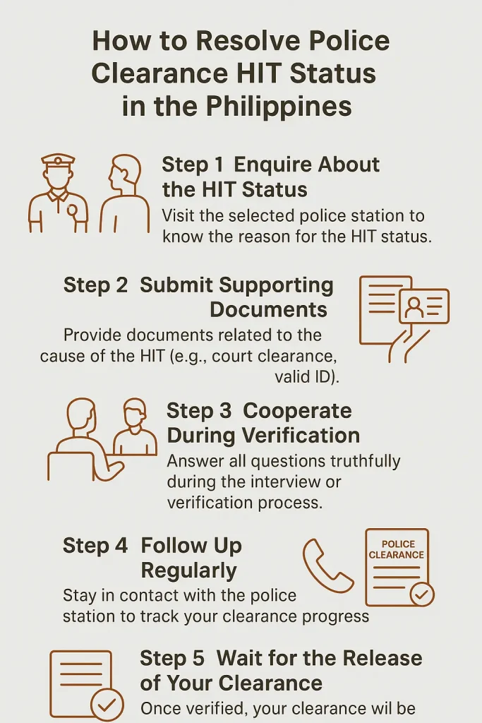 This is an infographic for this. The main purpose of this article is find the solution or the resolution for a Hit status for the police 
clearance. 
It contains the five steps with visuals for easy understanding of the viewers.
 The first step is enquire about the hit status: A visual of a Filipino applicant is discussing the reason with a PNP police officer.
The second step is Submission of Supporting Documents:
It contains a visual of a list and IDs.
The third step is Cooperation During the Verification Process:
 It shows a Filipino applicant and a PNP  officer who is interviewing the applicant. 

The fourth step is Follow Up Regularly:
It contains a visual of a checklist and a telephone. The purpose is to give the idea to applicant to consistently be in contact with the police office.
The fifth and final step is Wait for the police clearance:  After successful verification, the applicant will get  the police clearance  