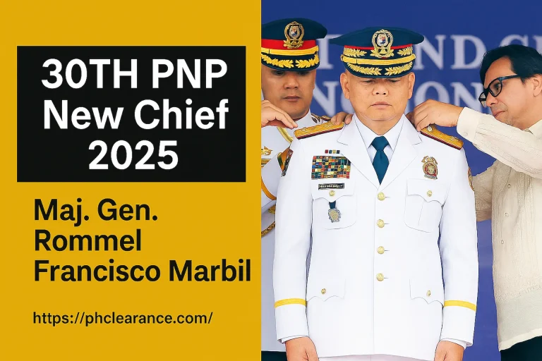 This is the featured image for this article which is 30th PNP New Chief 2025, Maj. Gen. Rommel Francisco Marbil". It includes it as a text and contains an image of the chief of PNP and President Ferdinand Marcos. This picture is from the appointment ceremony. The president is awarded him with the charge of PNP new chief.