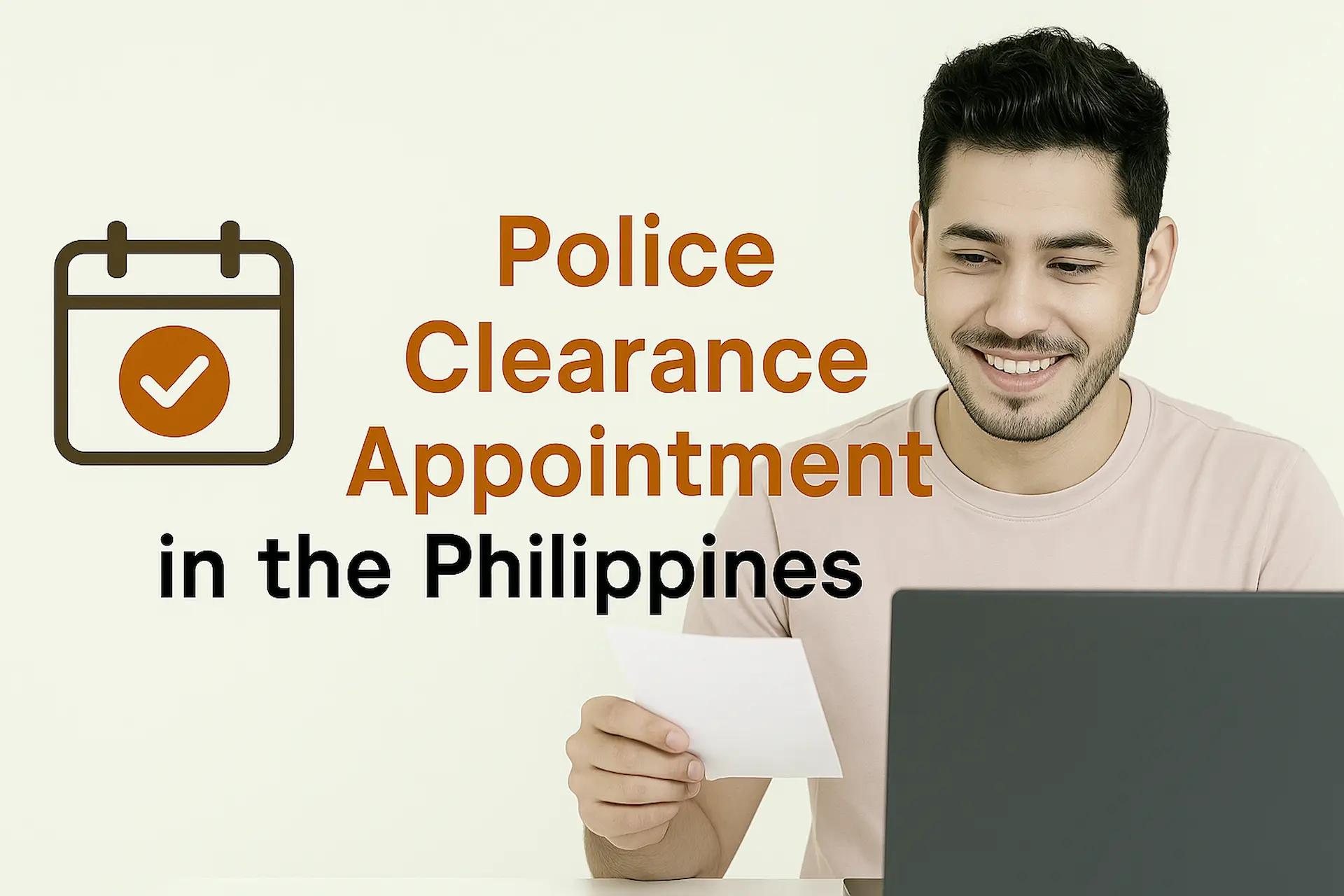This is the featured image for this article which is Police Clearance Appointment | How to schedule an online appointment for the national police clearance in the Philippines. This image contains the title "Police Clearance Appointment in the Philippines", a visual for appointment, and a Filipino citizen who is looking happy. It shows that he has done the online appointment process using a laptop and now he has a receipt of the appointment in hand.
