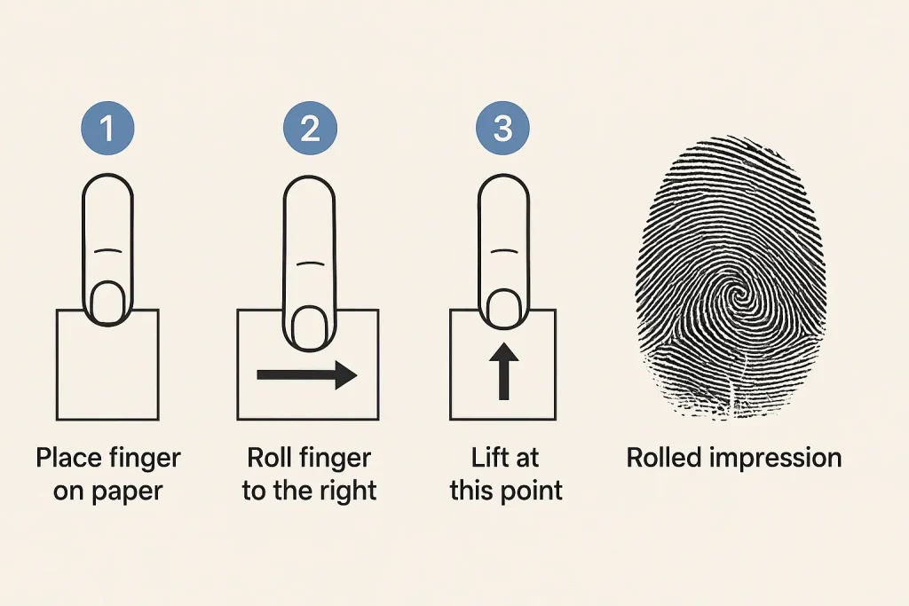 This image shows how to put a rolled impression fingerprint and how it looks like. It is a compulsory requirement for the application process for the NBI clearance while abroad. This image show how to put it correctly in three steps: place finger on paper , roll finger to the right, and lift at the specific point. Finally, it shows the resulted rolled impression fingerprint. 