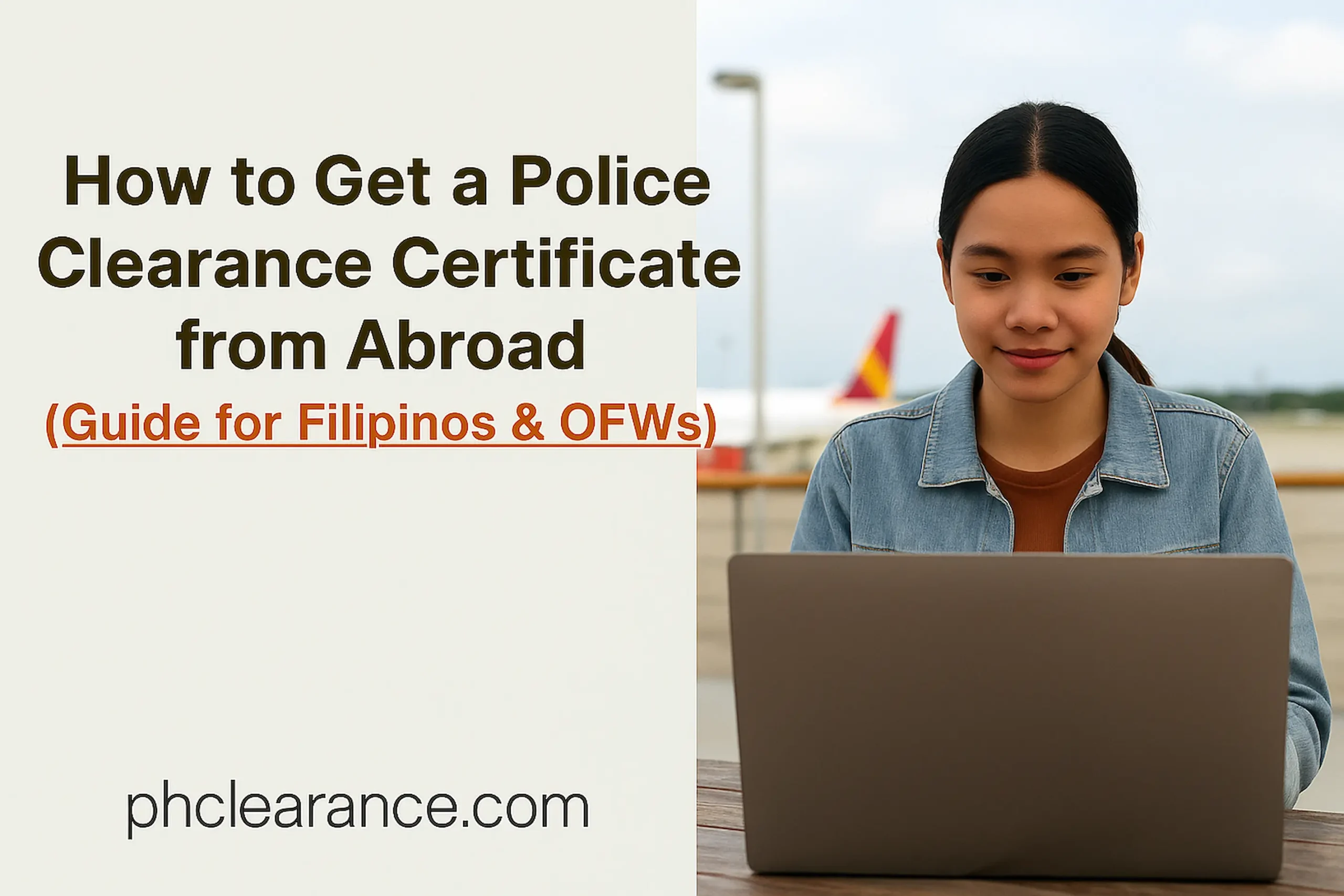 This is a featured image for this article which is about how to get a police clearance certificate in the Philippines from abroad? Guides for Filipinos and OFWs. It contains an image of a Filipino who is holding a laptop and is like doing the online application process or finding information for getting the clearance certificate in the current residing country. It also contains the title of this article in bold.
