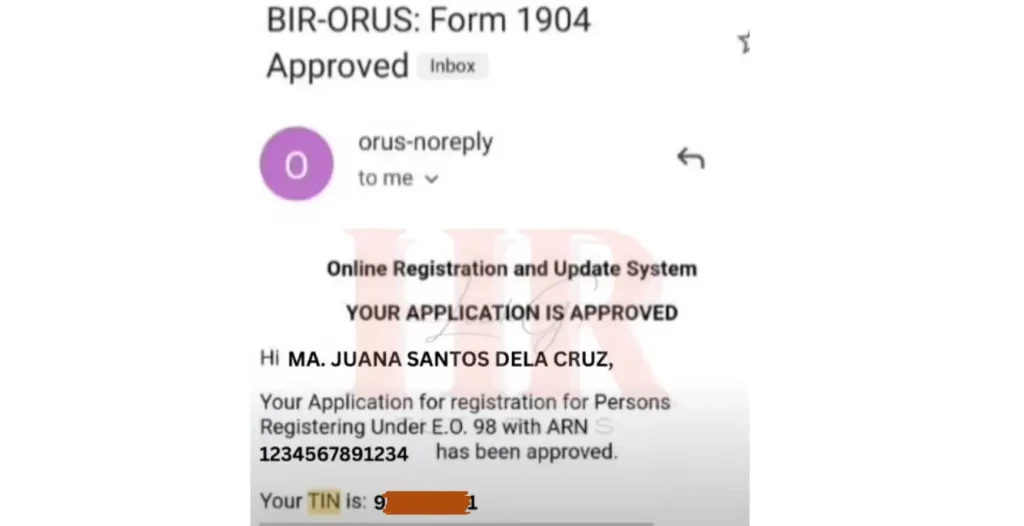 This image contains the approved application email sample.
When an application is approved, applicants will get an email like this.
It will also contain the TIN. 
This is the last step of getting the TIN online in the Philippines.