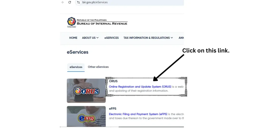 We are discussing the process of online registration for the TIN, and the TIN ID card in the Philippines. 
For the online registration process for the TIN, the applicant needs go to the BIR official website. 
This image contains how the homepage of the BIR official website looks like, and what to click to click for the registration process.
Here we need to click the ORUS icon link, which is highlighted for the users to click and go to the next step. 
A text "Click on this link" is arrowed to the link, ORUS (online registration and update system) in this image.