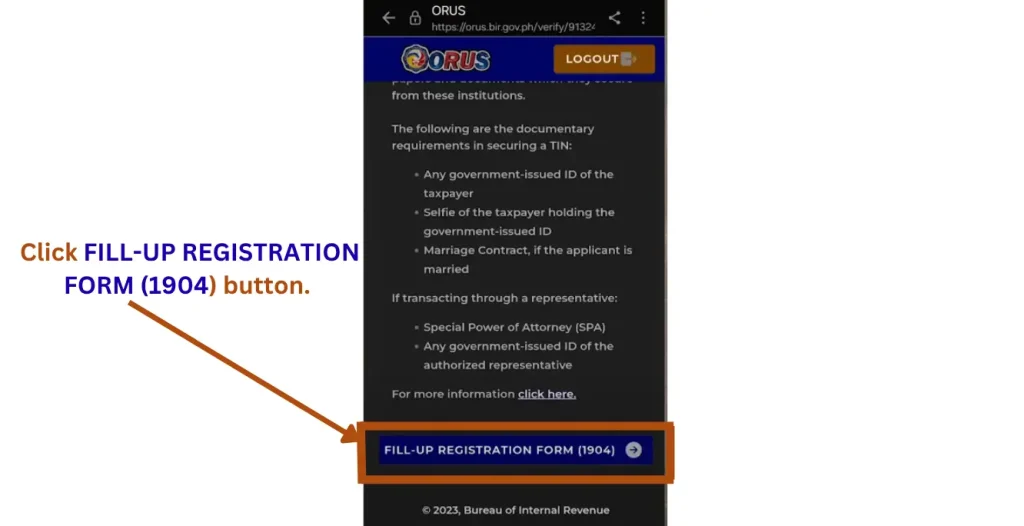 This image contains some instructions and FILL UP REGISTRATION FORM (1904) button. 
The purpose of this screenshot is to give an idea to the applicants to scroll down the page and find and click this button. 
This button is present in the bottom of this page. 
This button is marked in this image to be selected for the online registration process. 