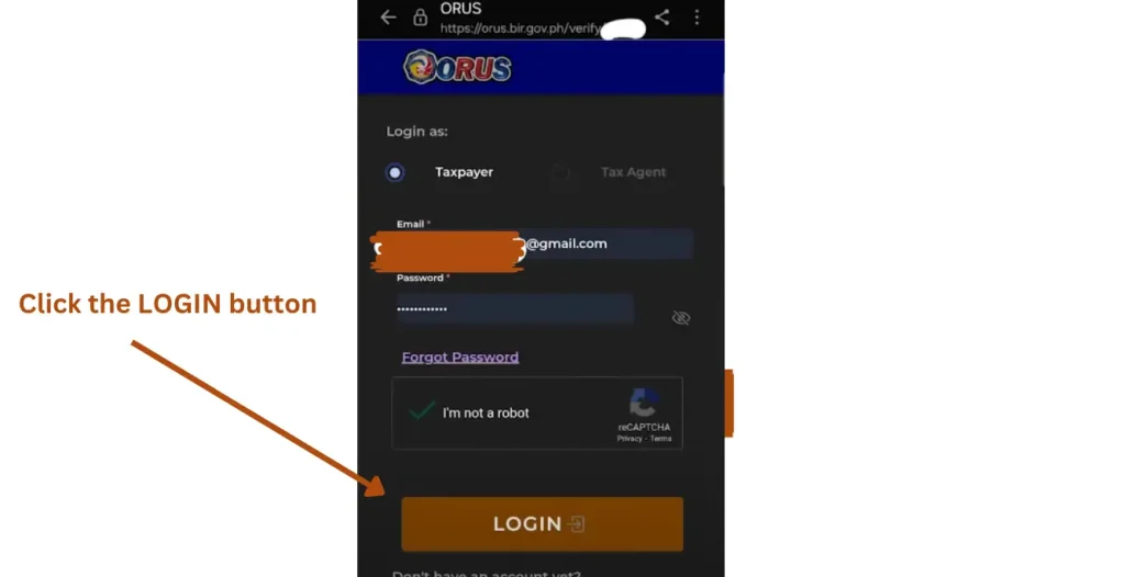 This image contains the LOGIN page of the ORUS BIR site.
After successful verification, the applicant can login to your profile. 
It contains sections for email and password, captcha challenge, and a LOGIN button.
The applicant will fill out the sections and captcha challenge, and then click the LOGIN button to login to their profile.
