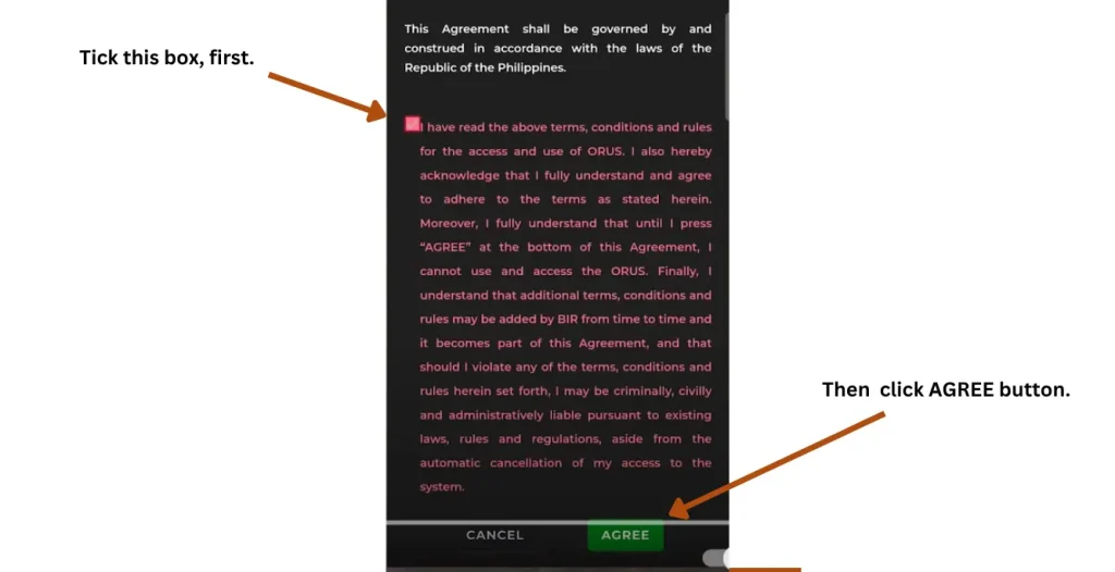 When an applicant clicks the CREATE AN ACCOUNT button, a terms an conditions page with an AGREE button will be appeared on the screen. The applicant needs to tick the terms and conditions and finally click the AGREE button. 
Is it marked in this image for the convenience of the applicants that they need to first accept and Agree to the terms and conditions to process further for the online registration process. 