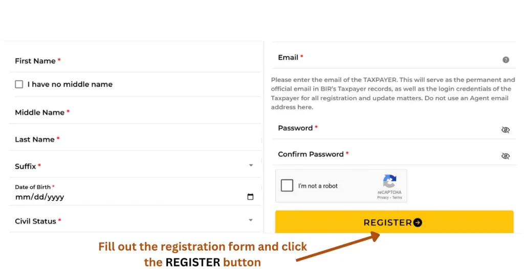 This is the registration form for the online registration of the TIN in Philippines. 
The applicants need to provide the information to all the sections of this form, and then select the REGISTER button. 
This image contains the registration form. 