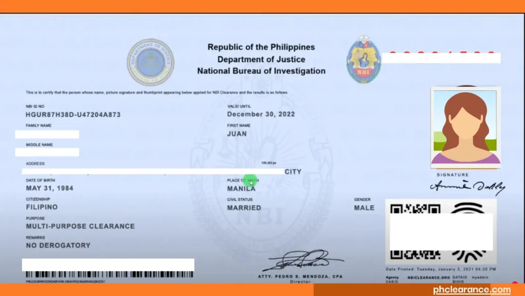 This is the sample of an NBI Clearance certificate issued in the Philippines.
 It shows the official document layout including the applicant’s name, photo, personal details, QR code, reference number, and issuance date. The certificate is used as a background check document for employment, travel, or legal purposes. 