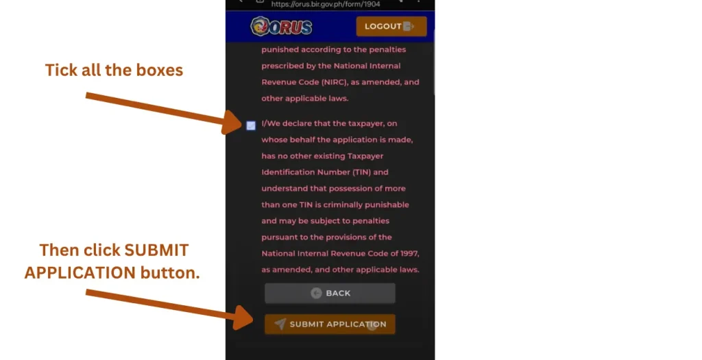 When applicants review all the details, they need to tick mark boxes which are related to terms and conditions. This image contains the terms and conditions and tick mark the boxes. 
Besides, we have provided information in the image to tick all the boxes and then click the SBMIT APPLICATION button. 