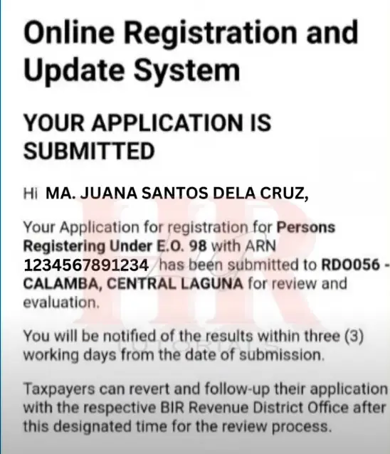 When applicants submit applications, they will receive a confirmation email. 
This image contains a sample of the confirmation message about the application submission. 