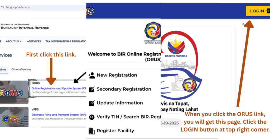 Now, we are discussing the online registration process for getting the TIN ID card in the Philippines.
This image contains the home page of the ORUS BIR eService's portal. 
It contains the home page of the BIR. when applicants visit the BIR home page, they need to click the link of ORUS.
When they click the link, they will get to the home page of the ORUS(Online Registration and Update System).
There is a LOGIN button at the right corner of the home page of the ORUS. 
The applicants need to click this button to login to their account.
All the important guidelines are provided and highlighted in this image for the viewers. 