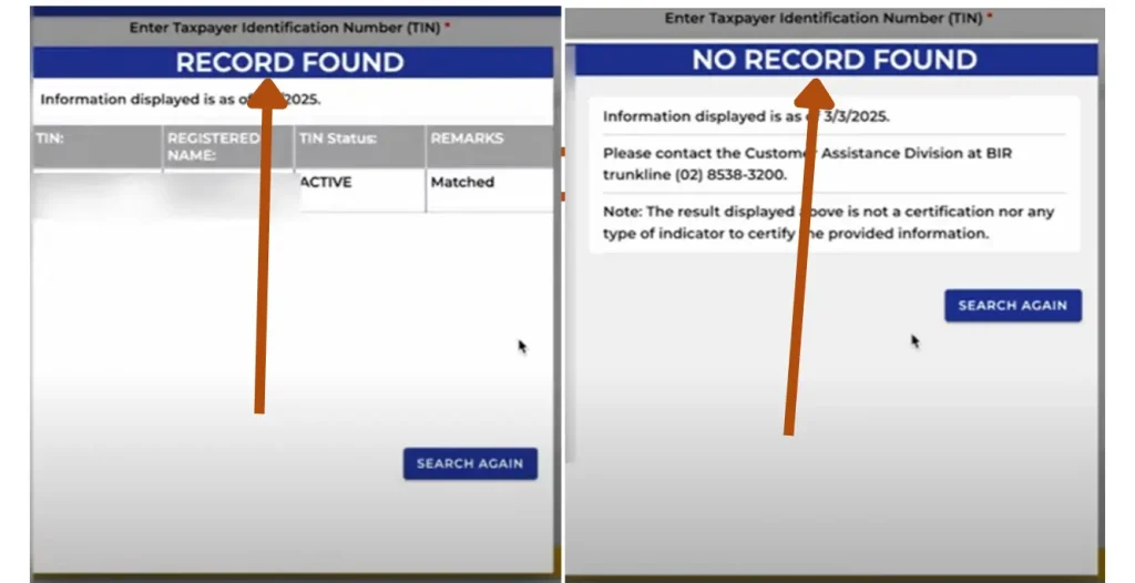 This image contains the expected results after clicking the VERIFY button.
If the record present with the BRI database, it will show the applicants that the record found. It will display the TIN, name, TIN status, Remarks. 
It the record not found with the BRI database, it will display NO RECORD FOUND. It means that the record is not found. The second part in this image shows that message. 
The purpose of giving this image in which I combined the possible two results is to give an idea to the applicants that what they can expect during the online verification process. 
