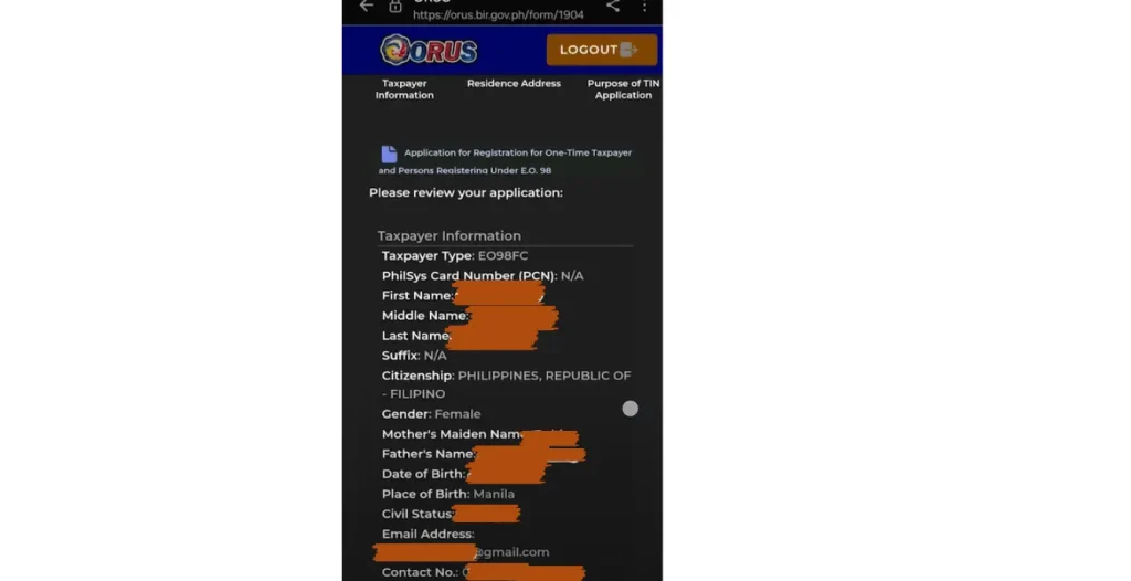It contains a review of all the details applicants have provided for the online application process for the TIN in Philippines. 
The purpose of this image is the site display all the information for the applicants to make sure they have provided the correct information. 