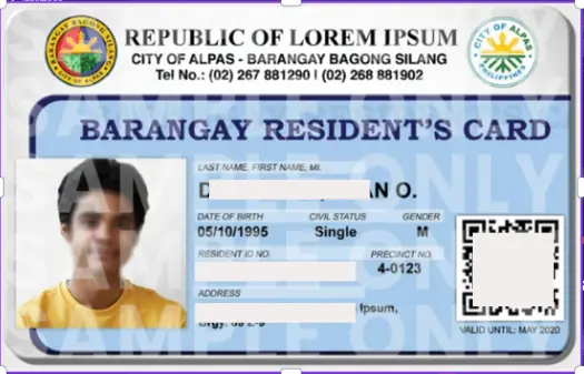 This is a sample of Barangay ID. The purpose of this sample is to give an idea to applicants that how it actually looks like and what information it contains.
It contains photo of applicant, name, date of birth, and address of applicant. A bar code to check its validity and authenticity.
It also contains the contact details and address of the issuing barangay hall along with a logo of the barangay. 