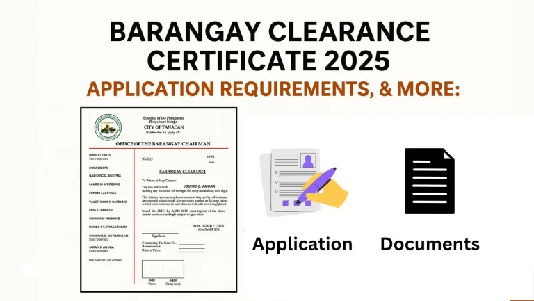 Featured image for the article "Barangay Clearance Certificate 2025". This image shows a sample certificate, application process icons, required documents, and the article title with a clean design using black, white, and dark orange (#be530b) colors.