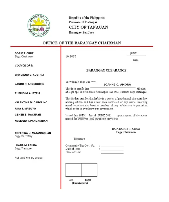 This image contains an official sample of a Barangay Clearance Certificate from Barangay San Jose, Tanauan City, Batangas, Philippines.
It shows the format, signatures, seal area, and standard certificate text used for legal and identification purposes.
