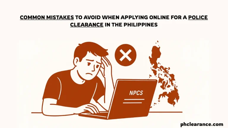 This is a featured which is about the Common Mistakes to Avoid When Applying for Police Clearance Online”. This image contains the title, and showing a Filipino applicant applying online on the NPCS website, looking confused and worried after facing issues.