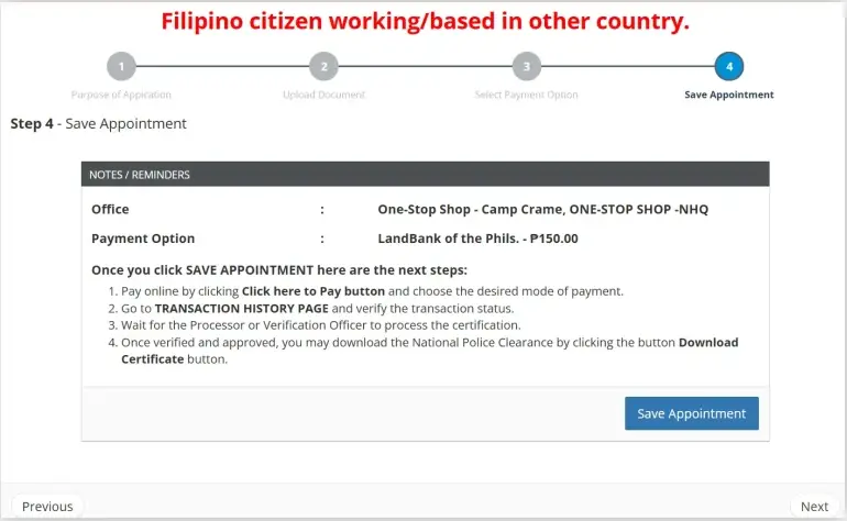 This image contains payment guidelines and Save Appointment button.
The applicants need to click the Save Appointment button to finalize the online application process and get information for the fee payment.
