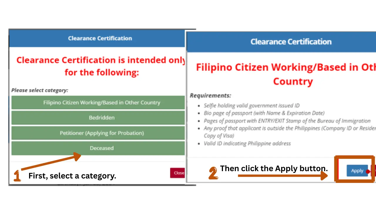This image contains the four categories for which this online facility is available.
Through this dedicated method, the four categories applicants apply online for the police clearance and download the clearance certificate online as well.
Here, we are discussing the method of getting the police clearance online for the overseas Filipinos, so we have highlighted that specific option in this image which is "Filipino Citizen Working/Based in Other Country".
The applicants need to select this options first and then click the apply button. 