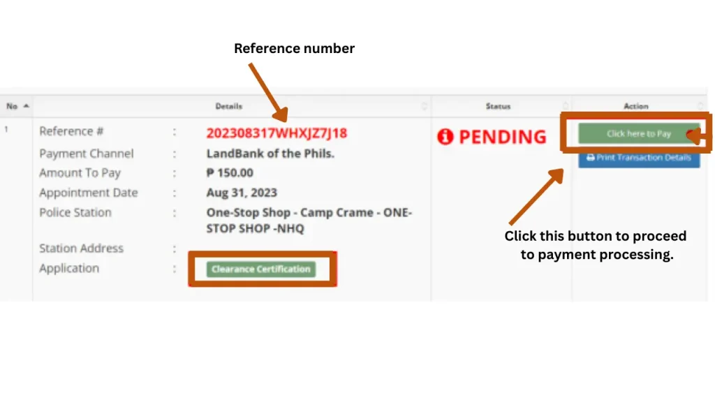This image contains transaction details, reference number, and Click here to pay button. 
The applicants need to save and note the reference number and click the Click here to pay button to make fee payment via the LBP ePayment portal.
When applicants click this button, they will be directed to the LBP ePayment portal. Where they can select a paymwnt method of their choice to pay the police clearance certificate fees. 