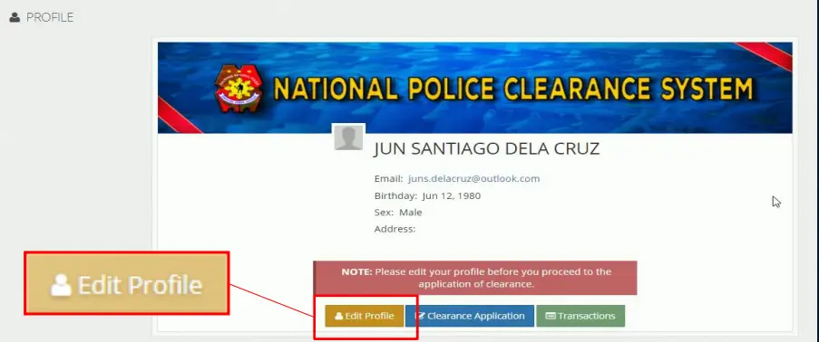 NPCS dashboard showing the Edit Profile, Clearance Application, and Transaction buttons after signing in.