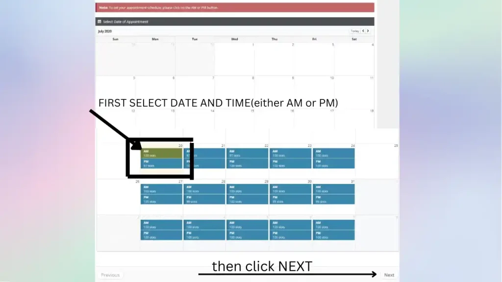 NPCS appointment calendar showing available date and time slots for scheduling a Police Clearance appointment.