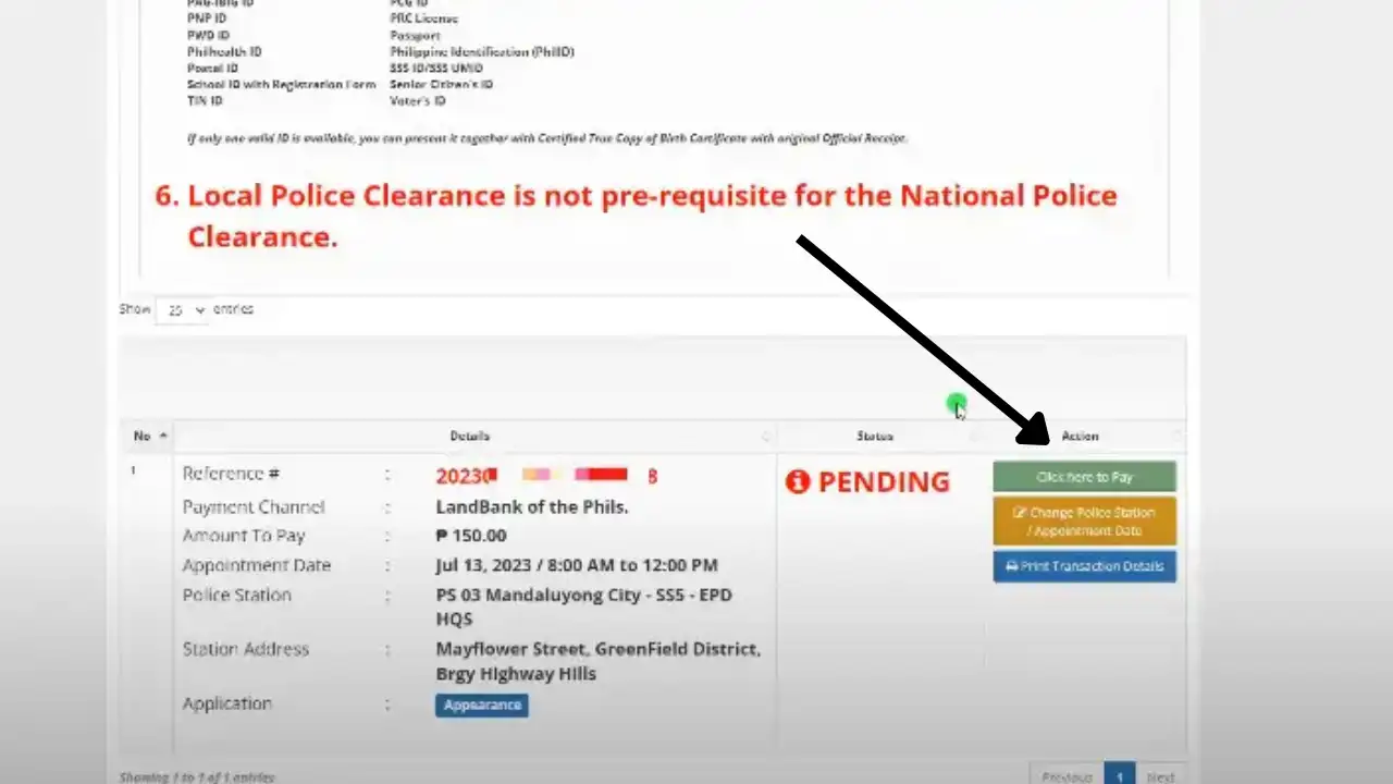NPCS transaction summary displaying the Police Clearance appointment details, reference number, payment amount, and Click Here to Pay button.