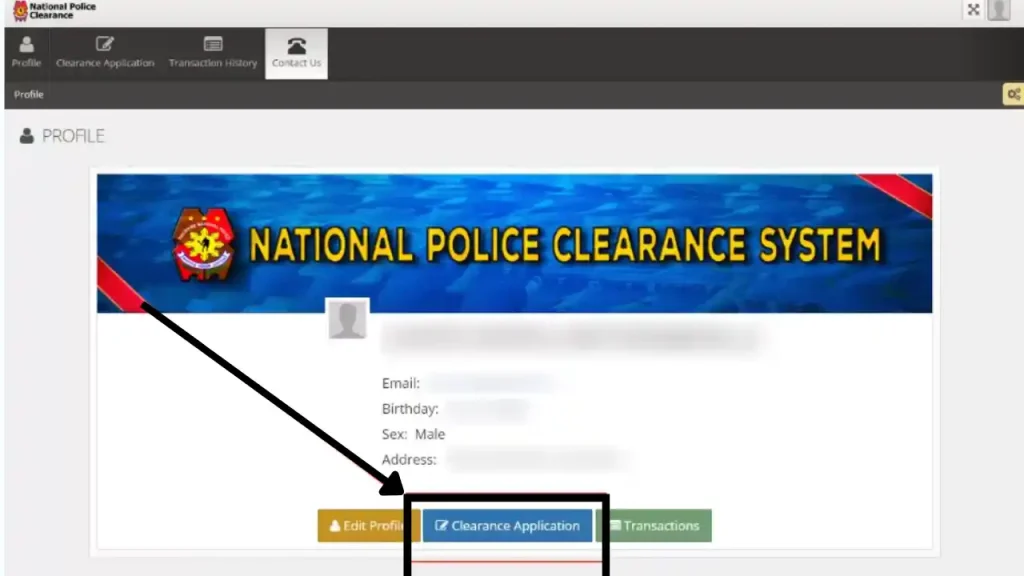 NPCS dashboard highlighting the Clearance Application button used to schedule a Police Clearance appointment.