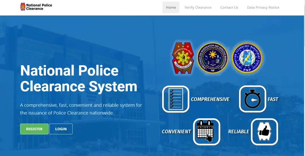 NPCS homepage showing the REGISTER button for creating a new Police Clearance Online account.