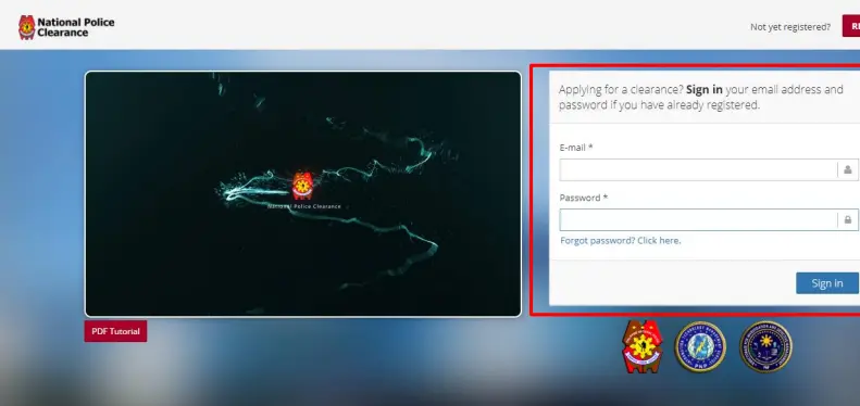 The NPCS login page, where applicants enter their registered email address and password to access their account.